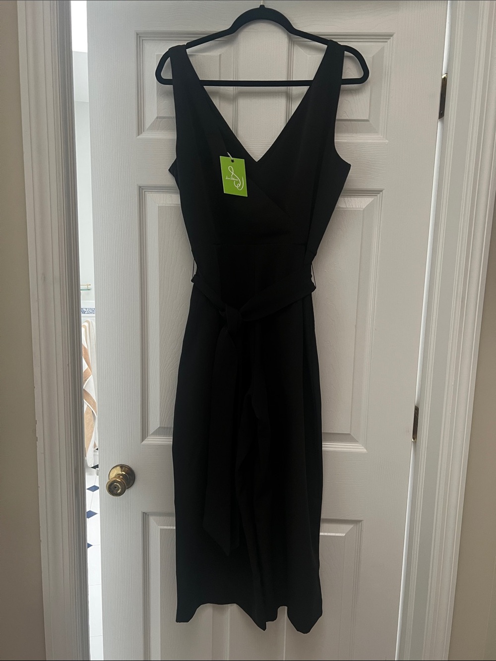 Sam Edelman Black Sleeveless V-Neck Midi Jumpsuit with Waist Tie